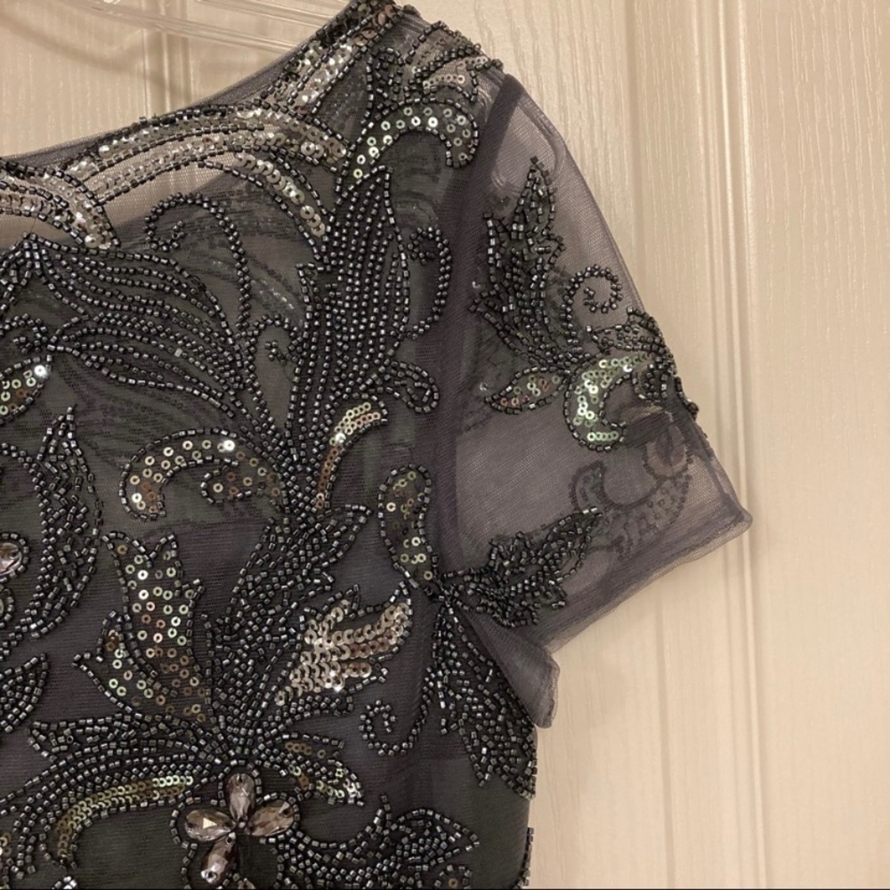 Xscape Beaded Bodice Embellished Short Sleeve Chiffon Gown in Charcoal Size 16 - Picture 10 of 13